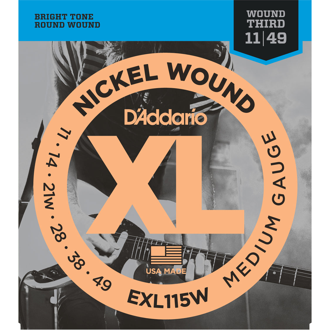 D'Addario EXL115W Nickel Wound Medium/Blues-Jazz Rock Wound 3rd 11-49