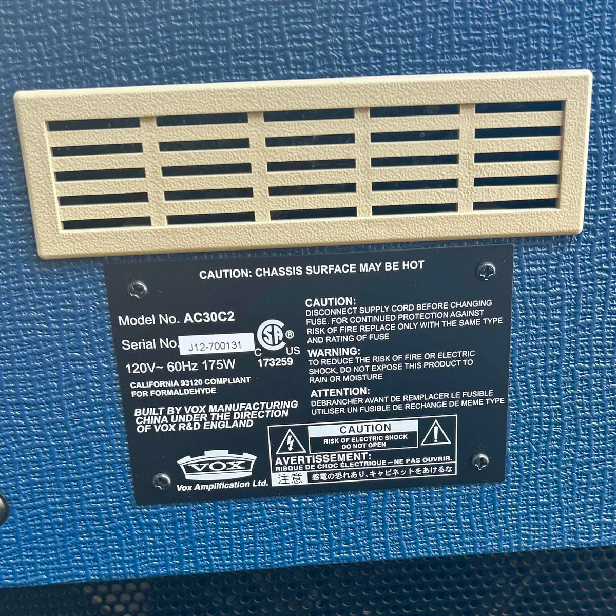 2012 Vox AC30C2-BL  LTD Blue 30-Watt 2x12" Combo W/Cover And Switch