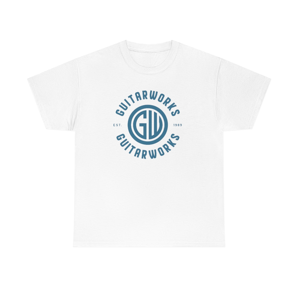 Guitarworks Blue Circle Logo White Unisex Heavy Cotton T-Shirt