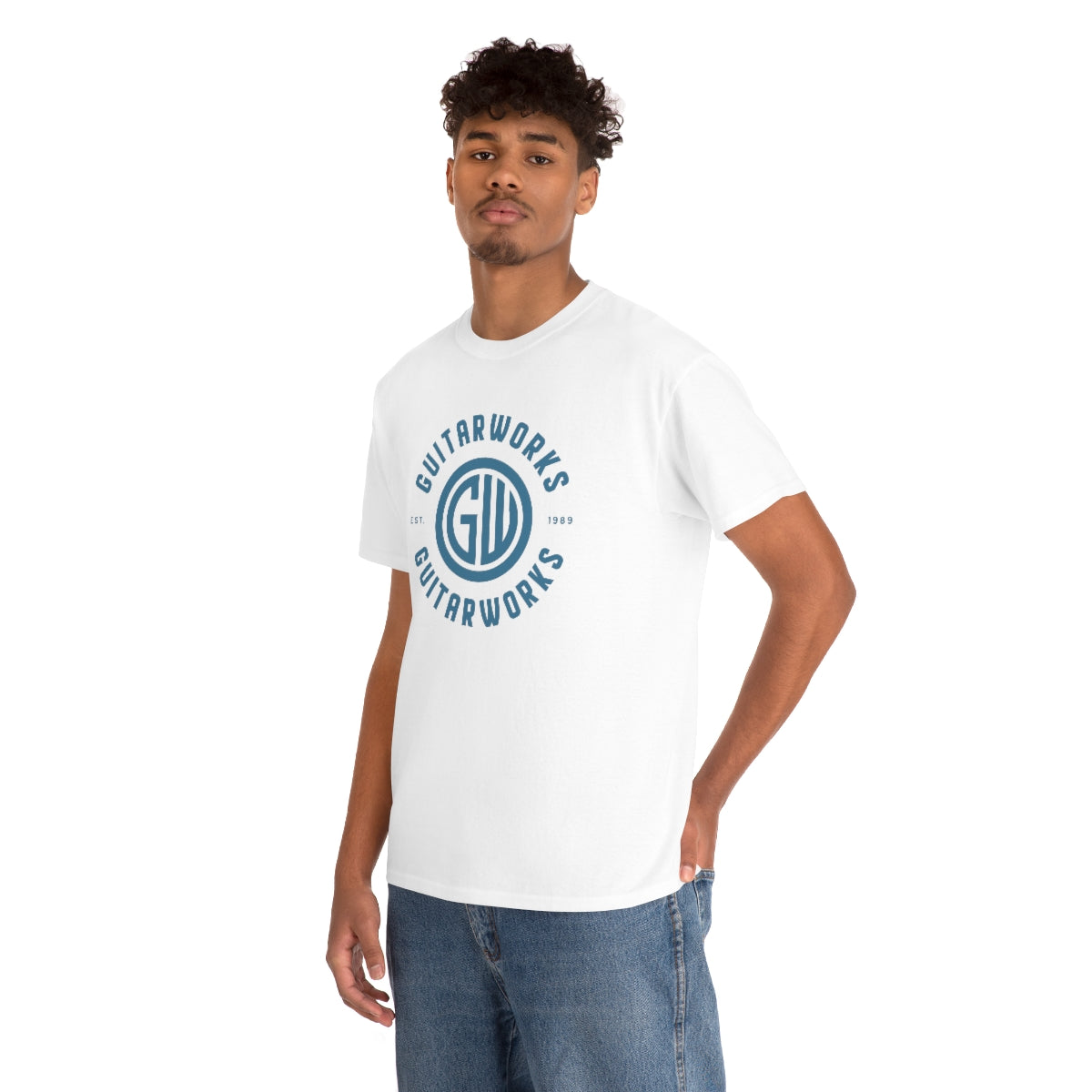 Guitarworks Blue Circle Logo White Unisex Heavy Cotton T-Shirt