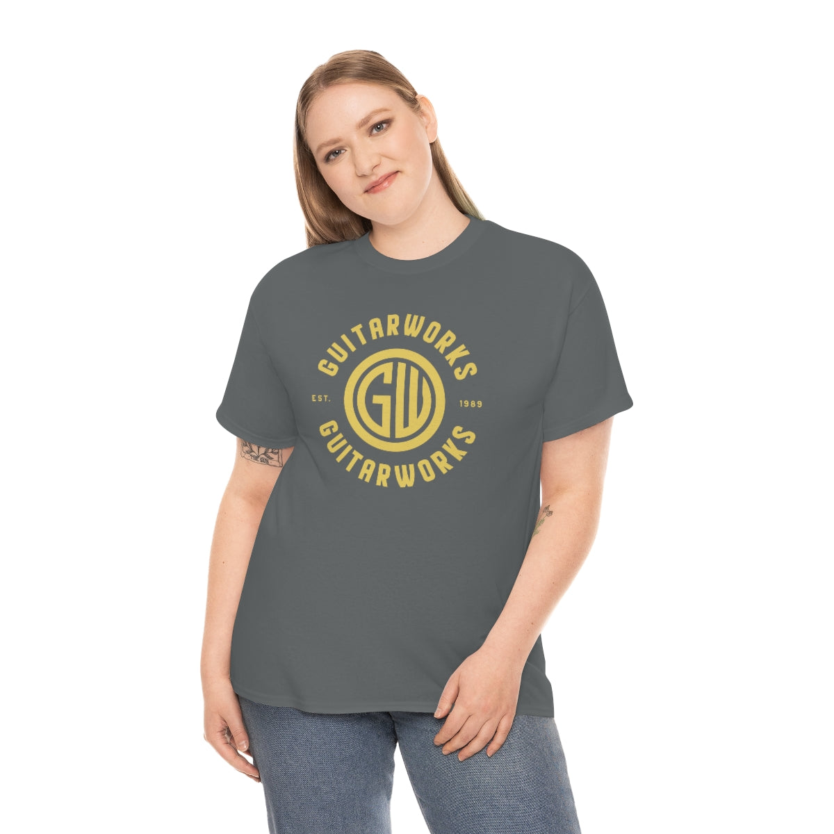 Guitarworks Yellow Circle Logo Charcoal Unisex Heavy Cotton T-Shirt