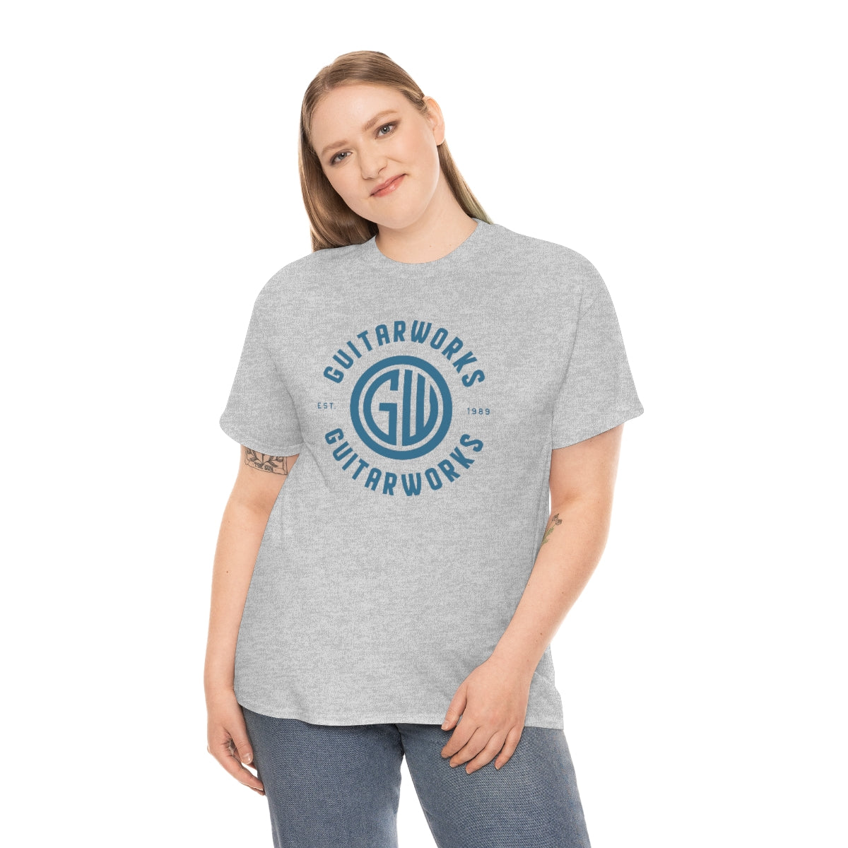 Guitarworks Blue Circle Logo Grey Unisex Heavy Cotton T-Shirt