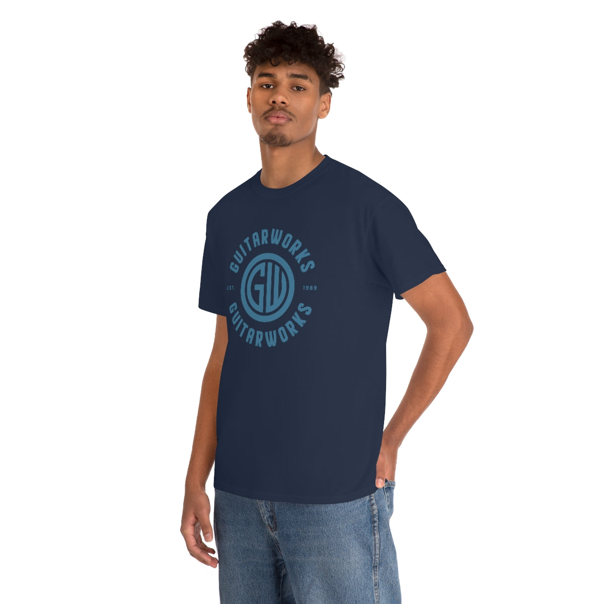 Guitarworks Blue Circle Logo Navy Unisex Heavy Cotton T-Shirt