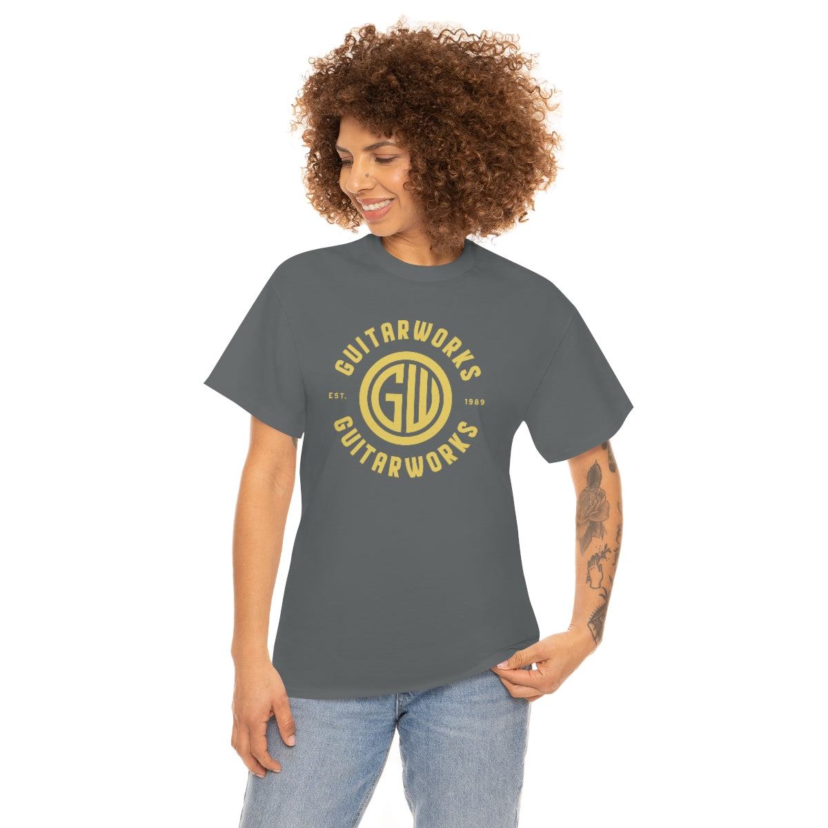 Guitarworks Yellow Circle Logo Charcoal Unisex Heavy Cotton T-Shirt