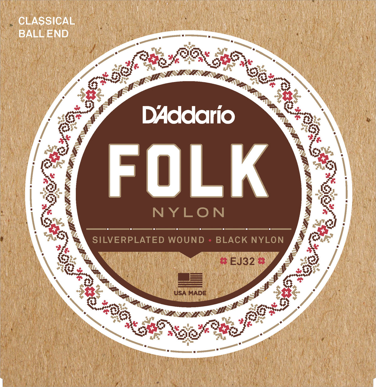D'Addario EJ32 Folk Nylon Ball End Silver Wound/Black Nylon Trebles