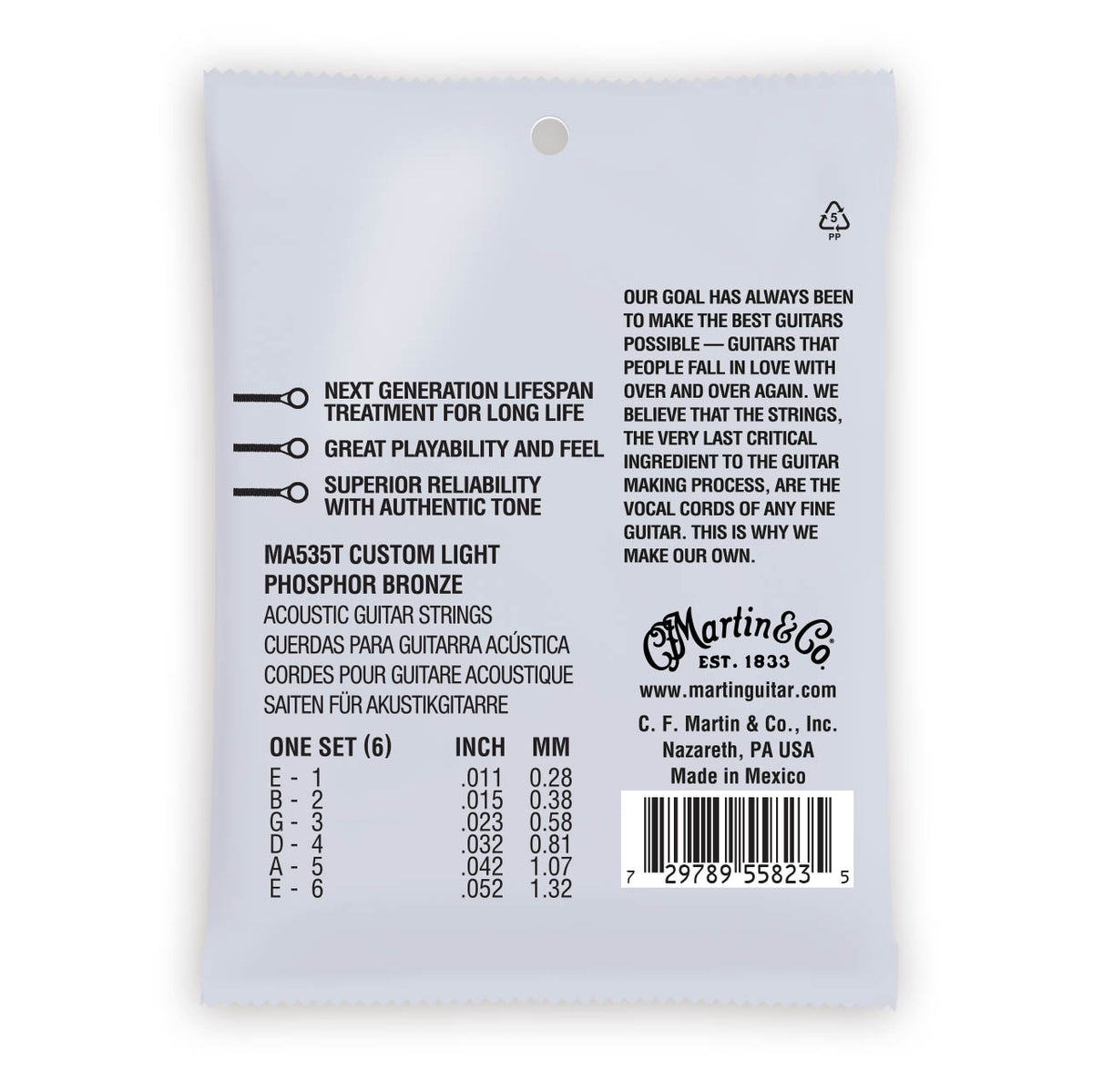 Martin Authentic Acoustic Strings Lifespan Treated Phosphor Custom Light 11-52 MA535T