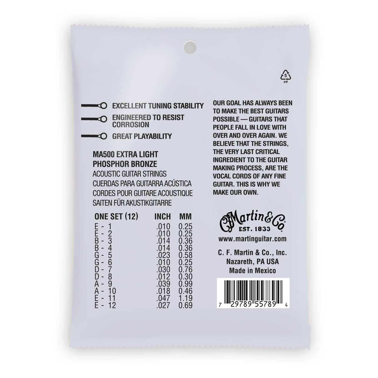 Martin Authentic Acoustic Strings Phosphor Bronze 12 String Extra Light 10-47 MA500