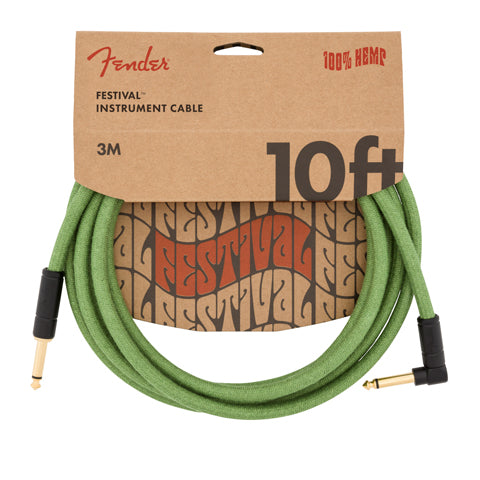 Fender Angled Festival Hemp Instrument Cable 10' Pure Hemp Green