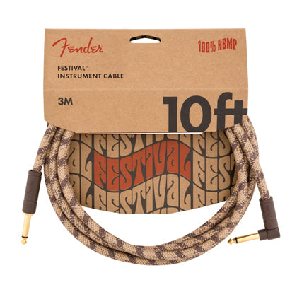 Fender Festival Hemp Instrument Cable 10' Pure Hemp Brown Stripe Angled