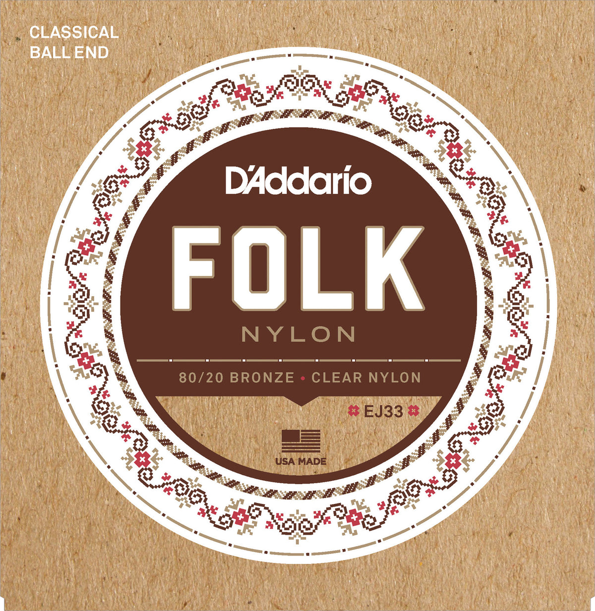 D'Addario EJ33 Folk Nylon Ball End 80/20 Bronze/Clear Nylon Trebles