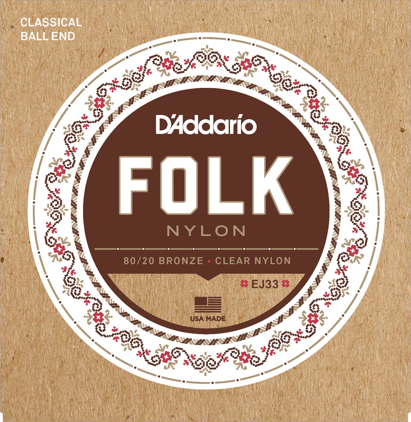 D'Addario EJ33 Folk Nylon Ball End 80/20 Bronze/Clear Nylon Trebles